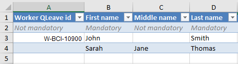 Image showing columns A-D in spreadsheet