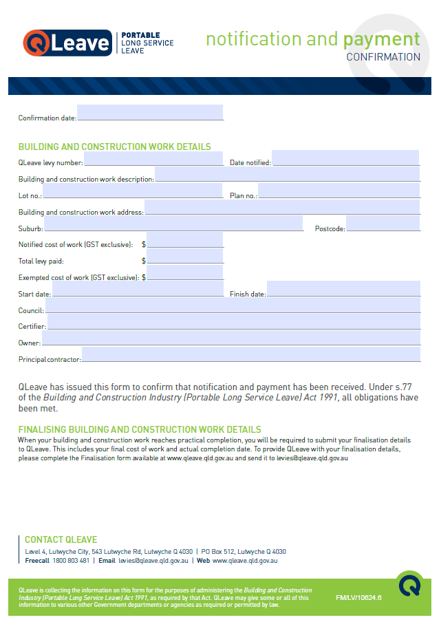 Confirmation of notification and payment form