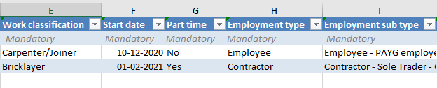 Image showing columns E-I in spreadsheet