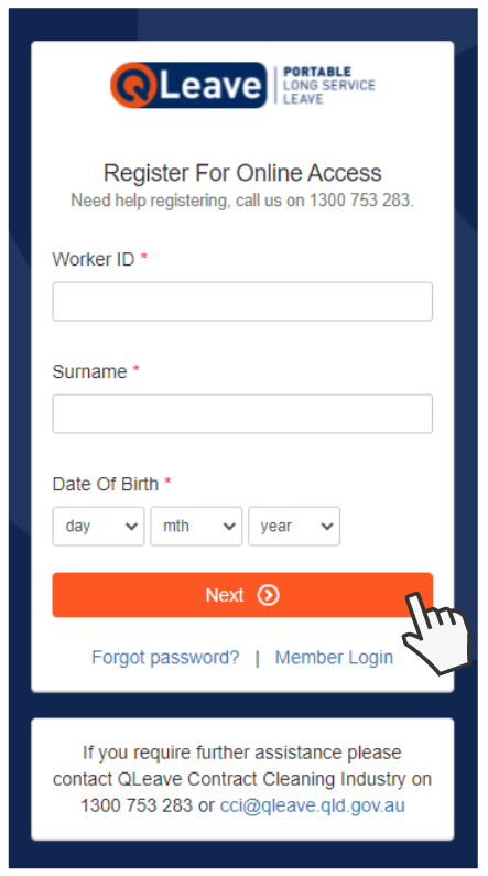 Screenshot showing online registration form where you need to enter QLeave worker ID, Surname and DOB