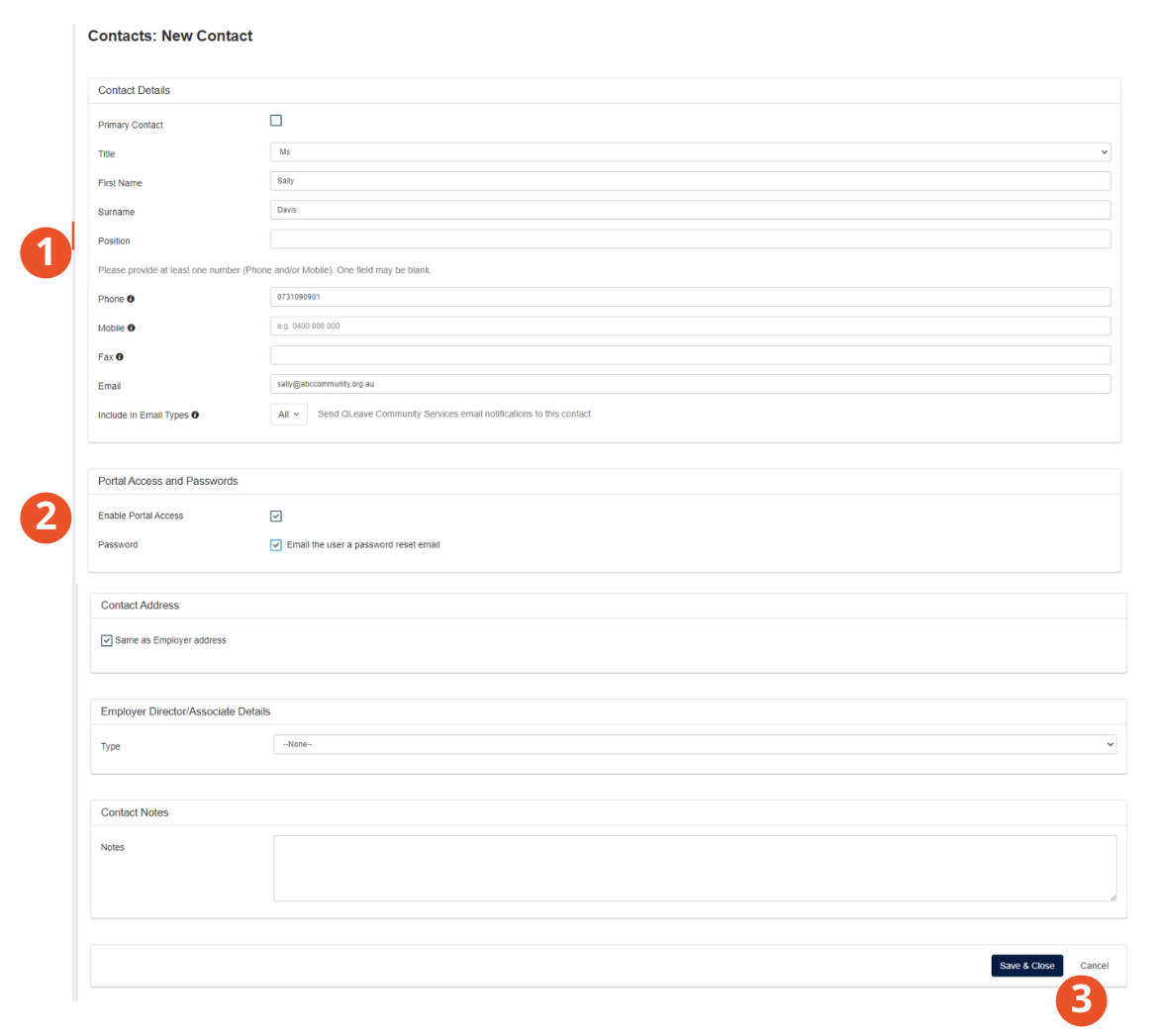 Enter contact details, click enable portal access and send password reset email