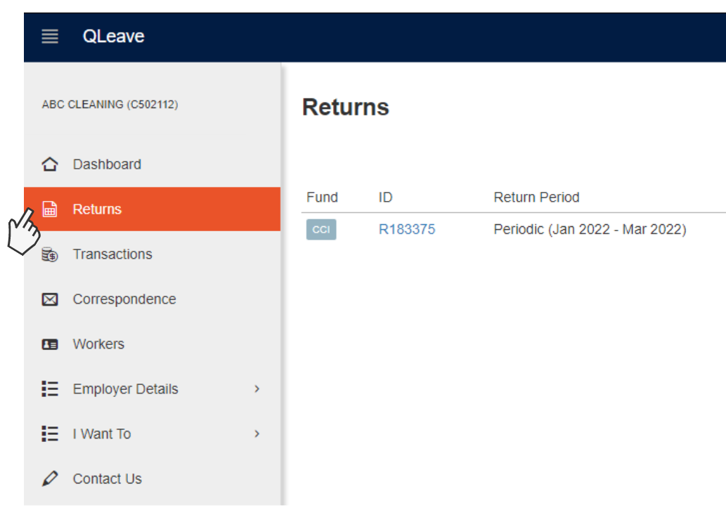 Image of left hand menu in portal - returns tab