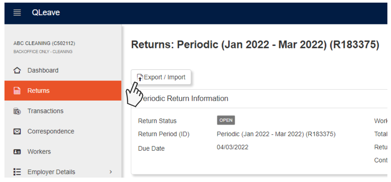 Screenshot showing button to export spreadsheet return