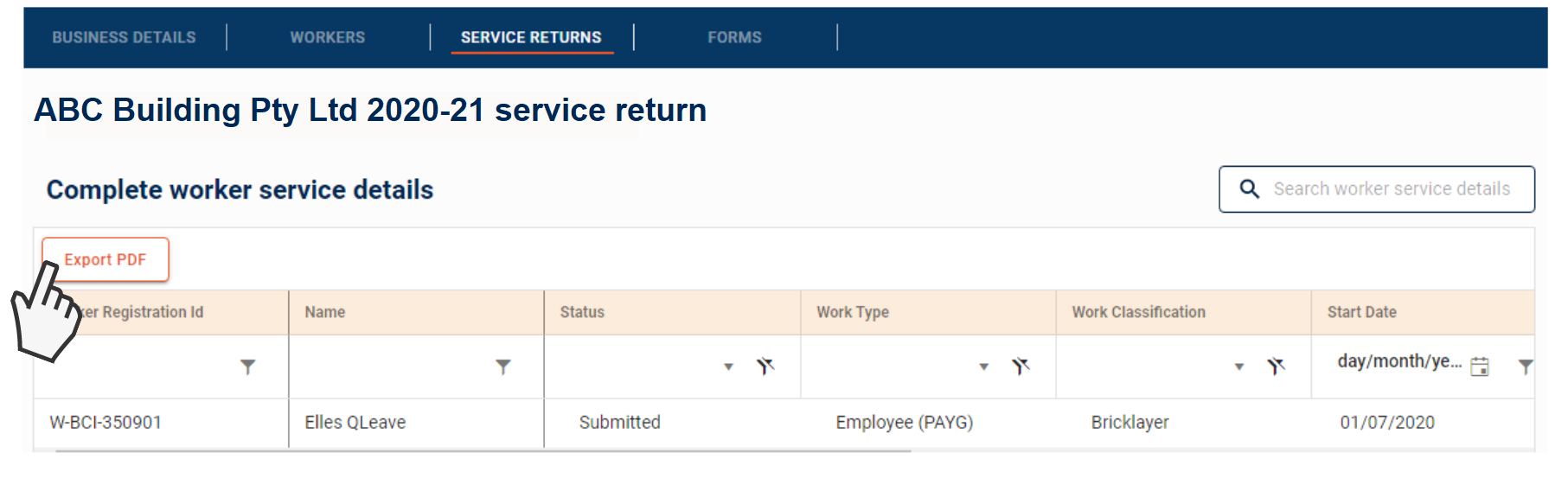 Screenshot of QLeave employer online services showing a completed worker service return and the export PDF button