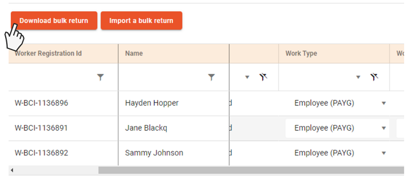 Screenshot of an open service return in QLeave online services, showing the orange download bulk return button