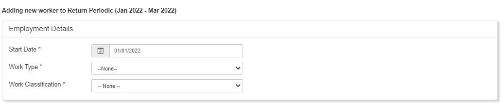 Screenshot of employment details required when adding a new worker to the return