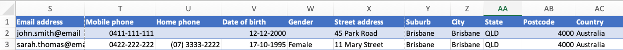 Image showing columns A-AC in spreadsheet. 