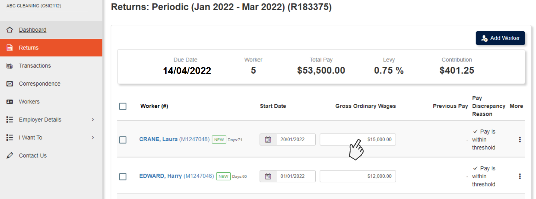 Screenshot showing where to enter gross ordinary wages on the return