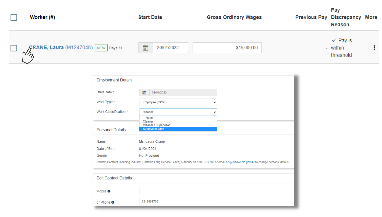 Screenshot showing how to edit an existing worker's details