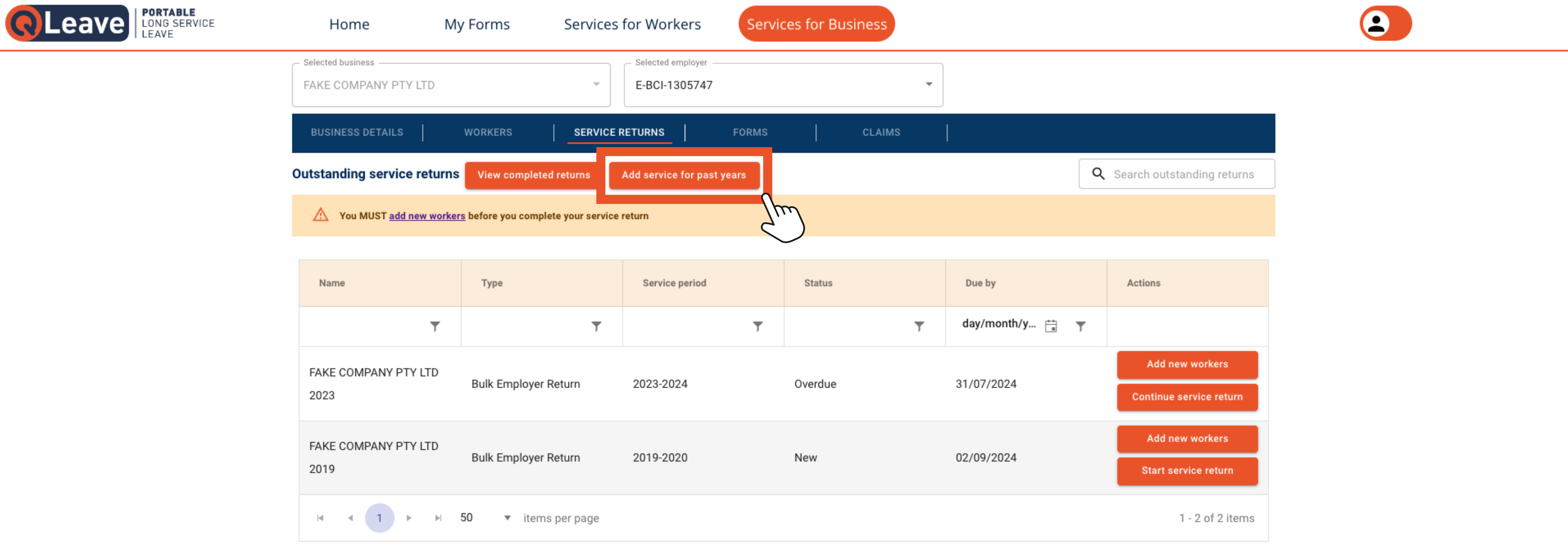 Click add service for past years
