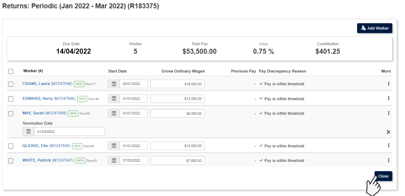 Screenshot showing how to close the return after entering details for workers