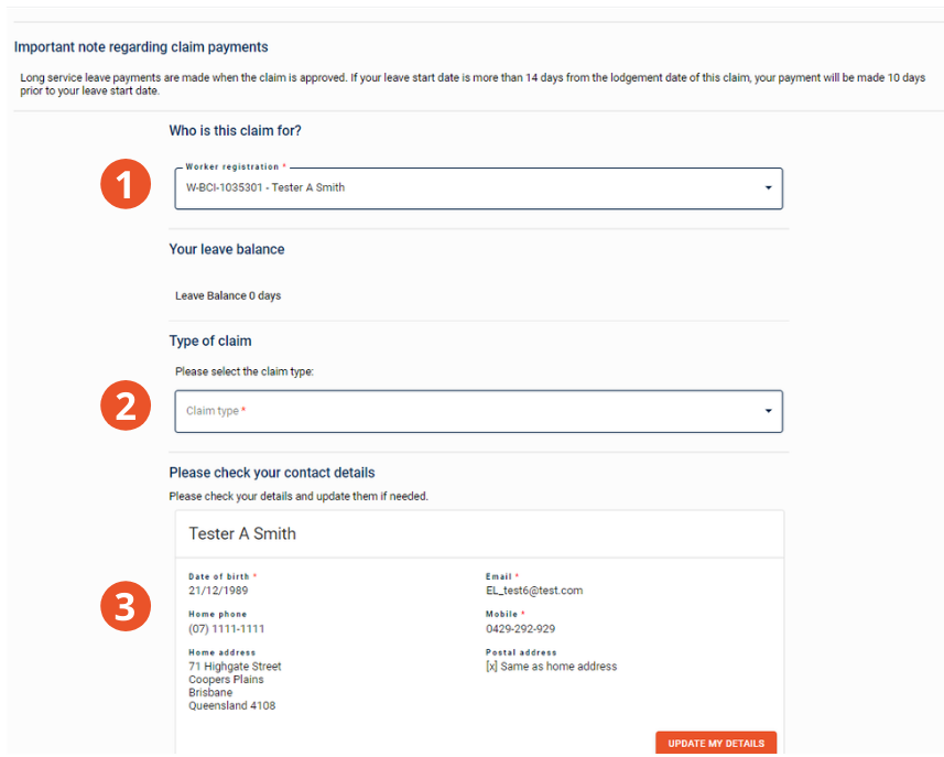 Select the type of claim from drop down options and check contact details